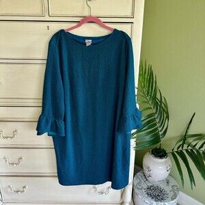 NWT Chico's Textured Teal Stretch Bell-Sleeve Midi Dress Sz 3 XL